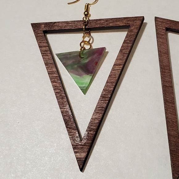 Wood & Colored Acrylic 3" Earrings Triangle Shape - Picture 3 of 5